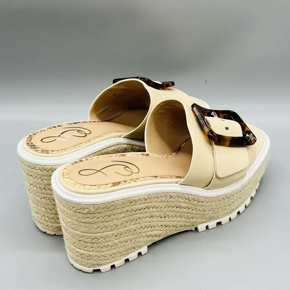 Sam Edelman Sandals Womens 7 Beige Leather Livi Espadrille Buckle Wedge Shoes